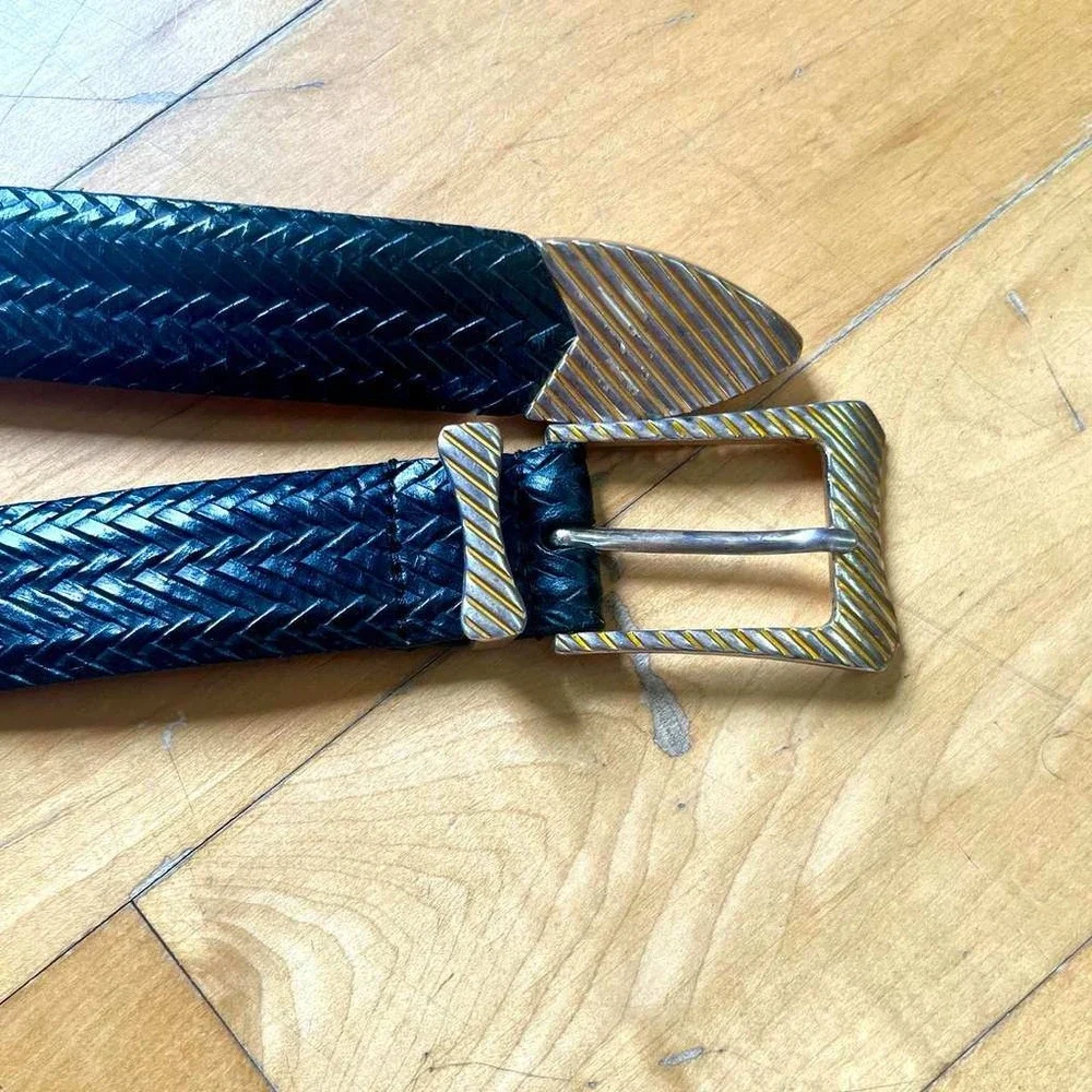 Vintage Johnston & Murphy Woven Leather Belt Italian Calfskin Metal Tip Western